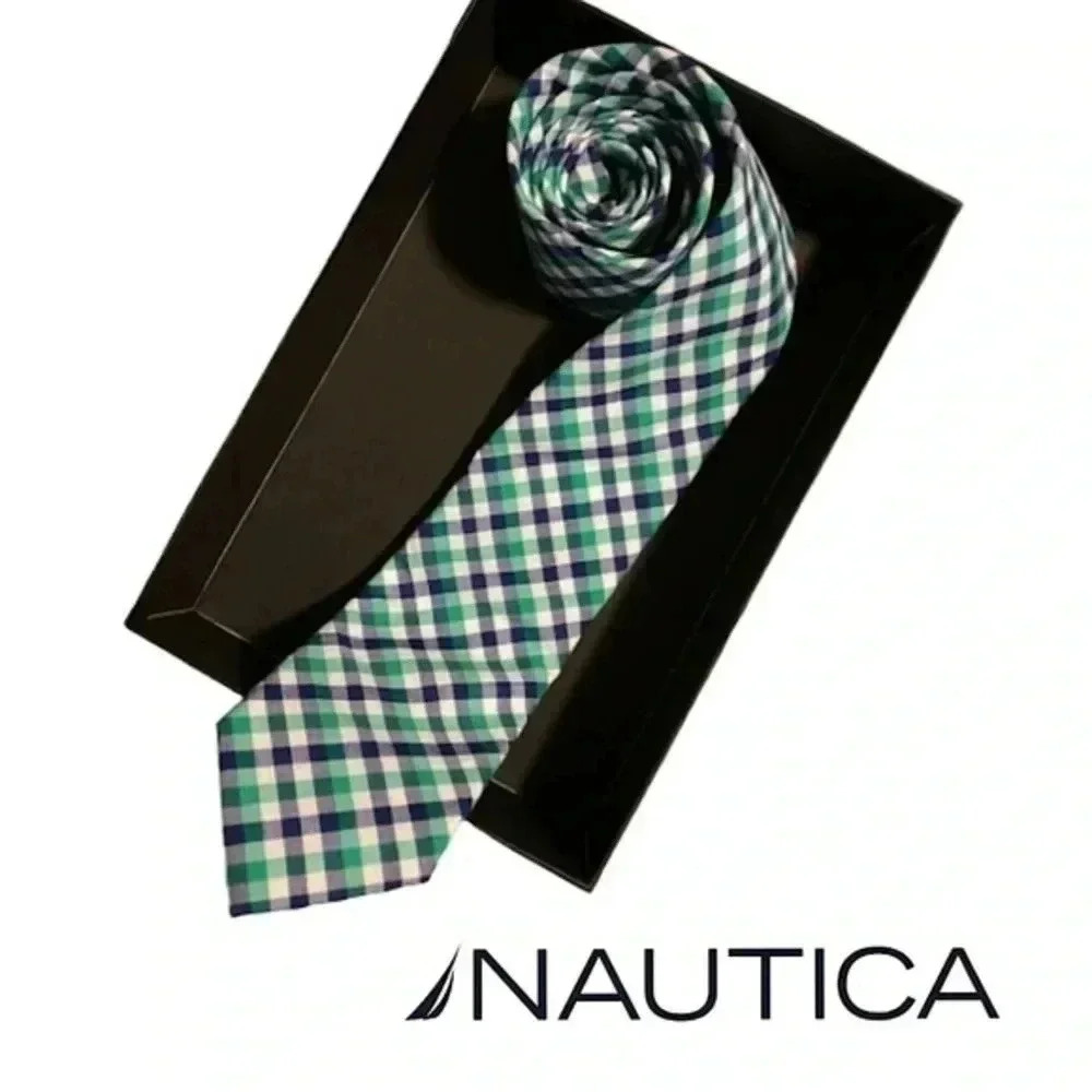 Nautica Mens Warehouse Green Blue Check Stripe tie